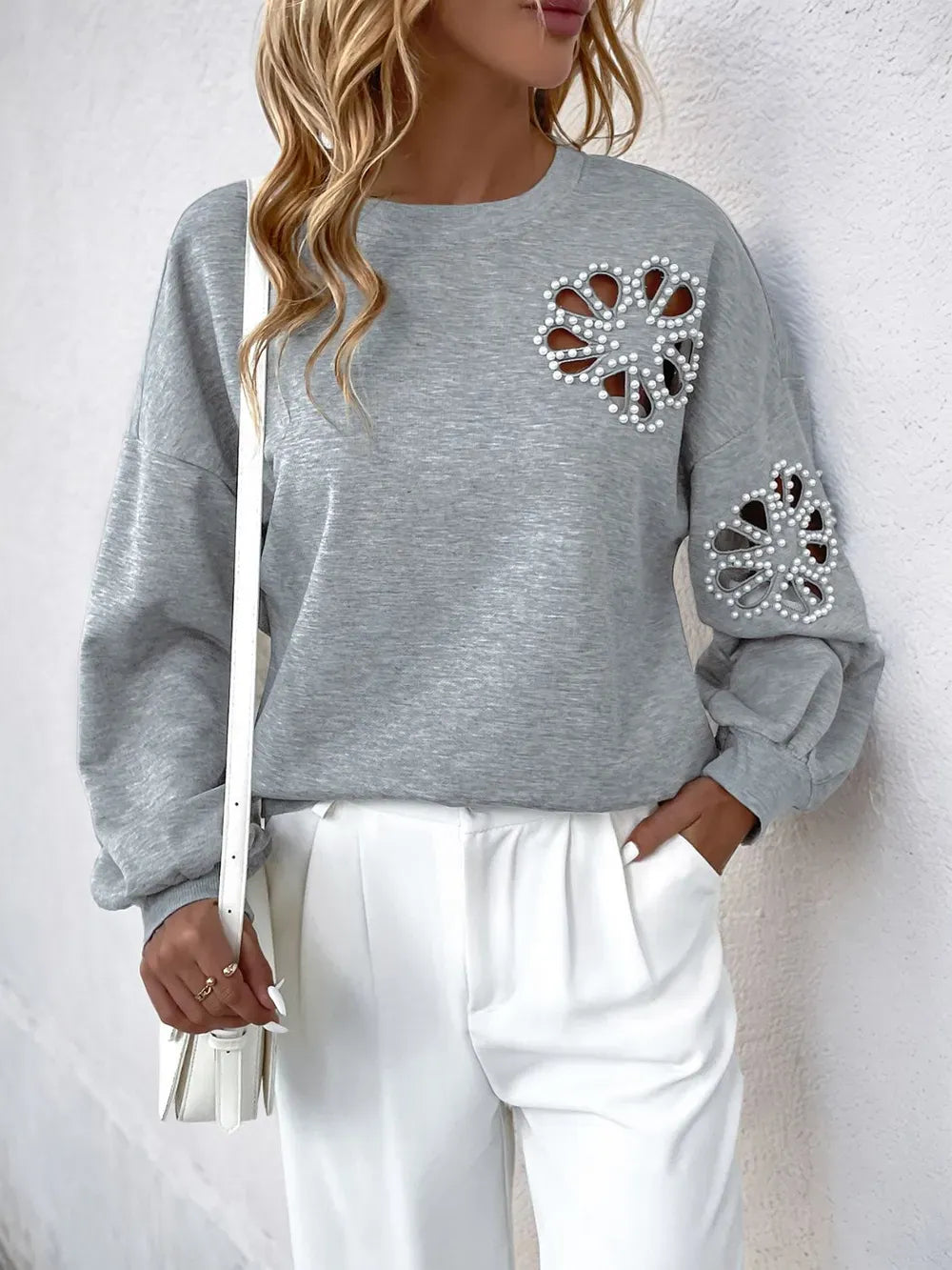 Perfee Cutout Pearl Round Neck Long Sleeve Sweatshirt-Sweaters-Krush Kandy, Women's Online Fashion Boutique Located in Phoenix, Arizona (Scottsdale Area)