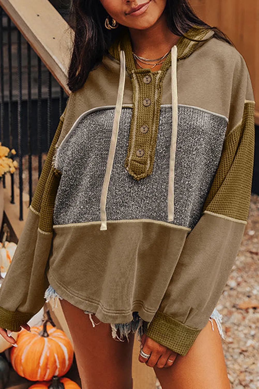 Cozy Patchwork Button Hoodie-Tops-Krush Kandy, Women's Online Fashion Boutique Located in Phoenix, Arizona (Scottsdale Area)
