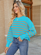 Round Neck Striped Lantern Sleeve Sweater-Krush Kandy, Women's Online Fashion Boutique Located in Phoenix, Arizona (Scottsdale Area)