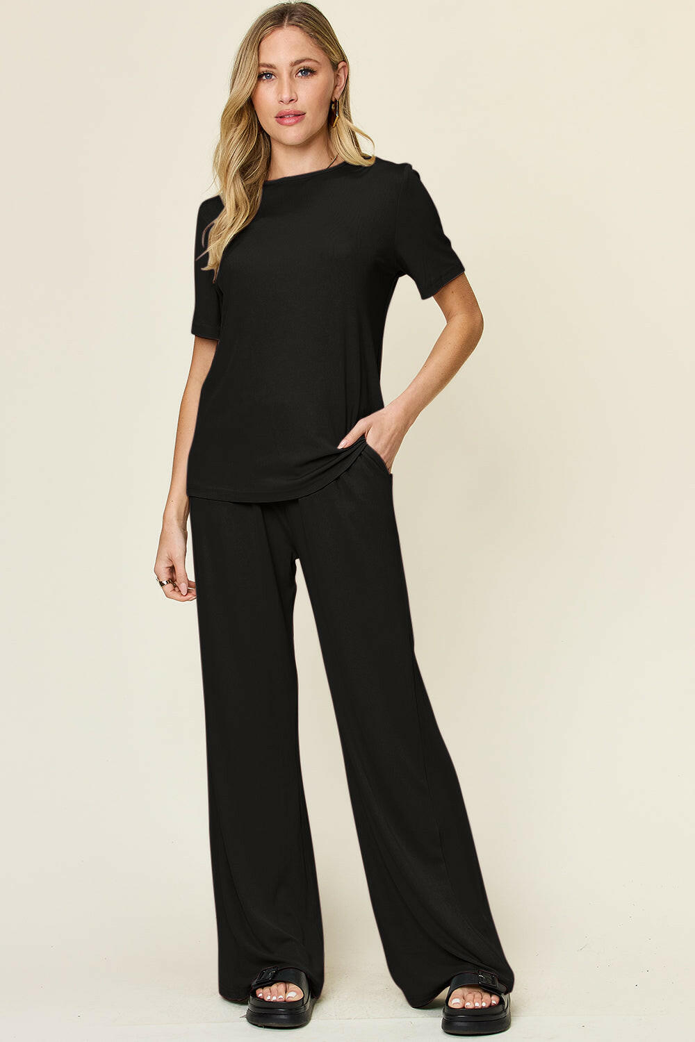 Double Take Full Size Round Neck Short Sleeve T-Shirt and Wide Leg Pants Set-Krush Kandy, Women's Online Fashion Boutique Located in Phoenix, Arizona (Scottsdale Area)