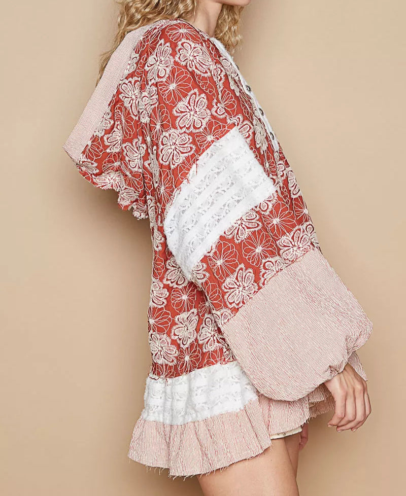 POL Ruffled Hem Floral Pattern Balloon Sleeve Hoodie-Hoodies-Krush Kandy, Women's Online Fashion Boutique Located in Phoenix, Arizona (Scottsdale Area)