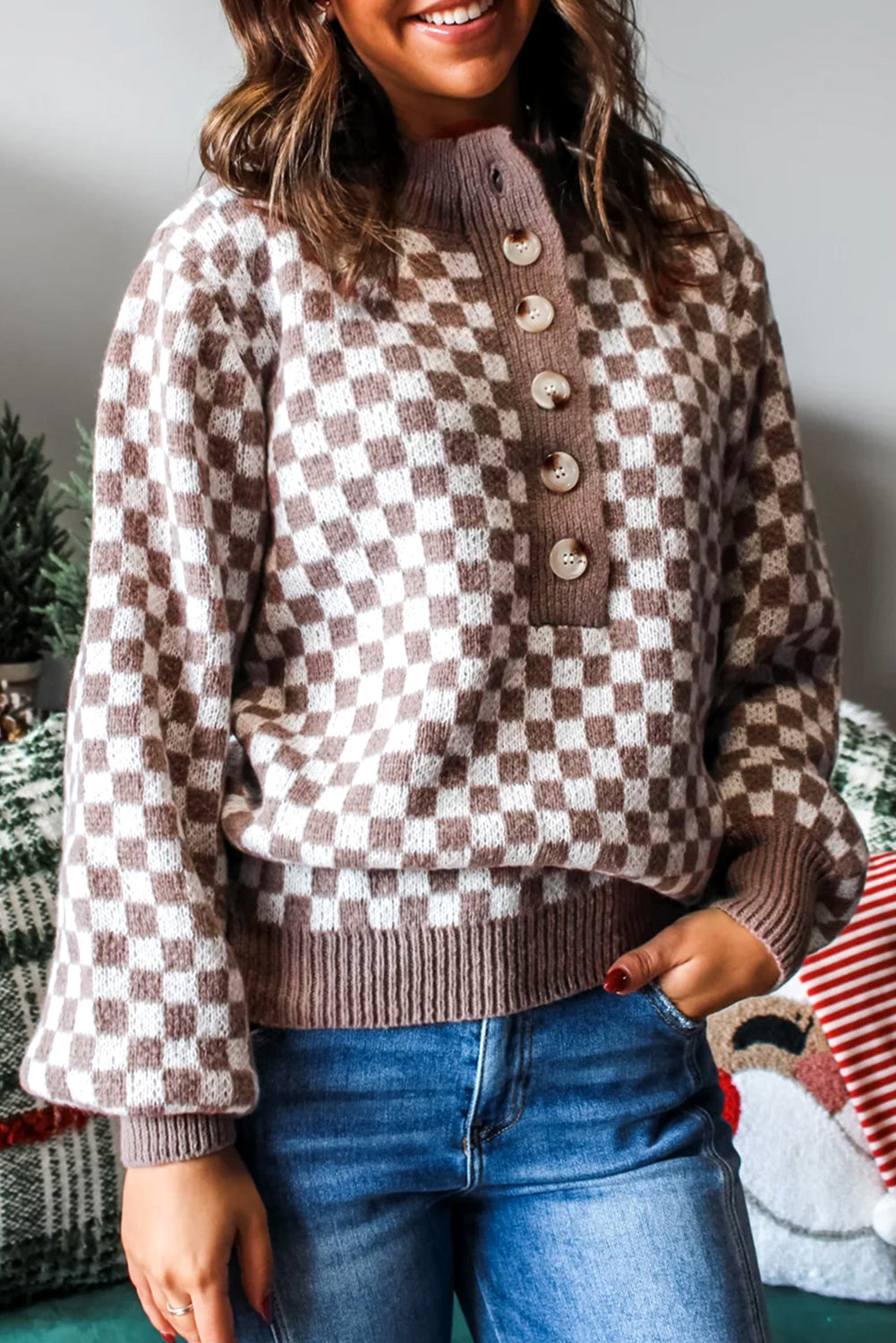 Checkerboard Button-Front Sweater-Sweaters-Krush Kandy, Women's Online Fashion Boutique Located in Phoenix, Arizona (Scottsdale Area)
