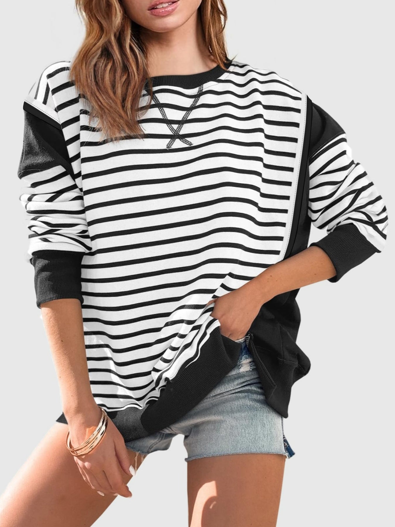 Slit Exposed Seam Striped Long Sleeve Sweatshirt-Sweaters-Krush Kandy, Women's Online Fashion Boutique Located in Phoenix, Arizona (Scottsdale Area)