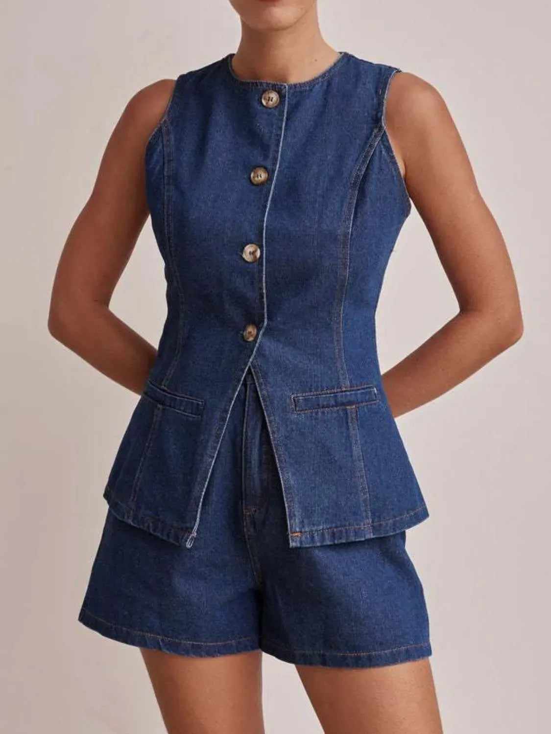 Button Down Vest and Shorts Denim Set-2 Piece Outfit Sets-Krush Kandy, Women's Online Fashion Boutique Located in Phoenix, Arizona (Scottsdale Area)