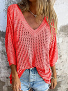 Full Size Openwork V-Neck Knit Cover Up Plus Size-Tops-Krush Kandy, Women's Online Fashion Boutique Located in Phoenix, Arizona (Scottsdale Area)