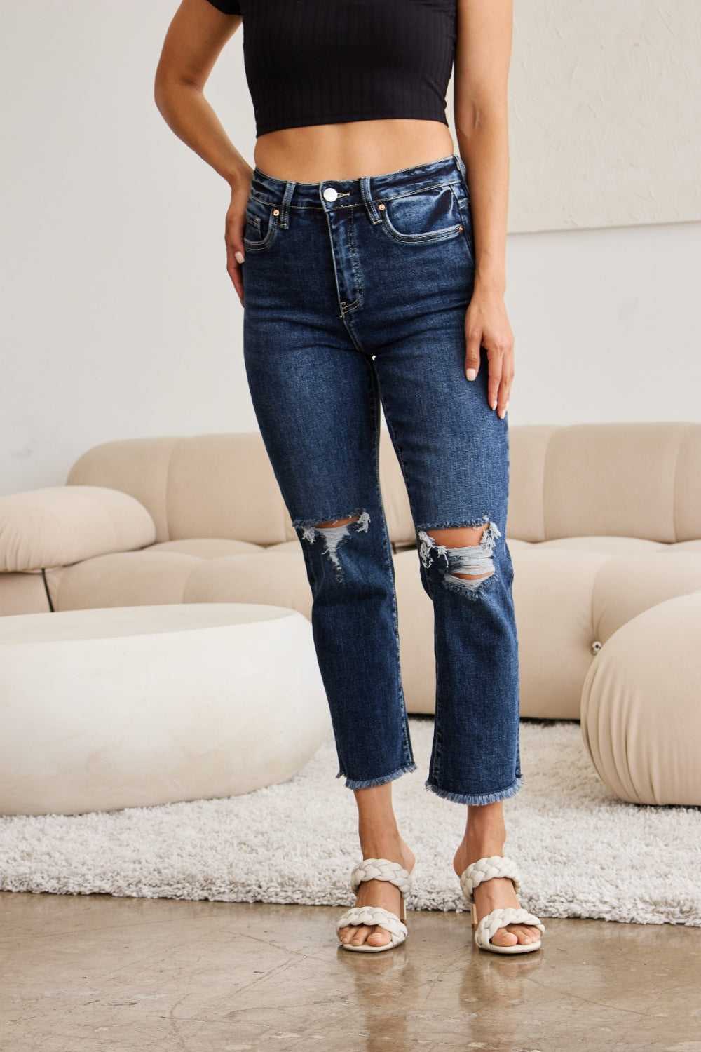 RFM Crop Dylan Full Size Tummy Control Distressed High Waist Raw Hem Jeans-Jeans-Krush Kandy, Women's Online Fashion Boutique Located in Phoenix, Arizona (Scottsdale Area)