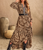 Ruched Printed Notched Long Sleeve Maxi Dress-Dresses-Krush Kandy, Women's Online Fashion Boutique Located in Phoenix, Arizona (Scottsdale Area)