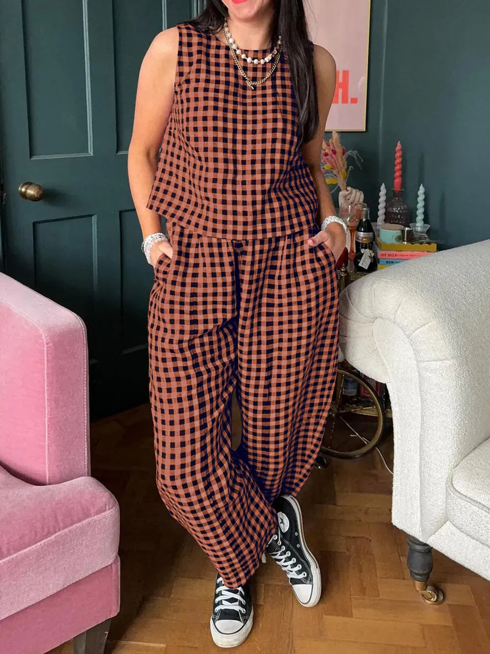 Lovelet Plaid Round Neck Sleeveless Top and Pants Set-2 Piece Outfit Sets-Krush Kandy, Women's Online Fashion Boutique Located in Phoenix, Arizona (Scottsdale Area)