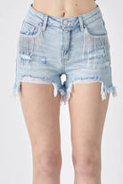 RISEN Frayed Hem Denim Shorts with Fringe Detail Pockets-Shorts-Krush Kandy, Women's Online Fashion Boutique Located in Phoenix, Arizona (Scottsdale Area)