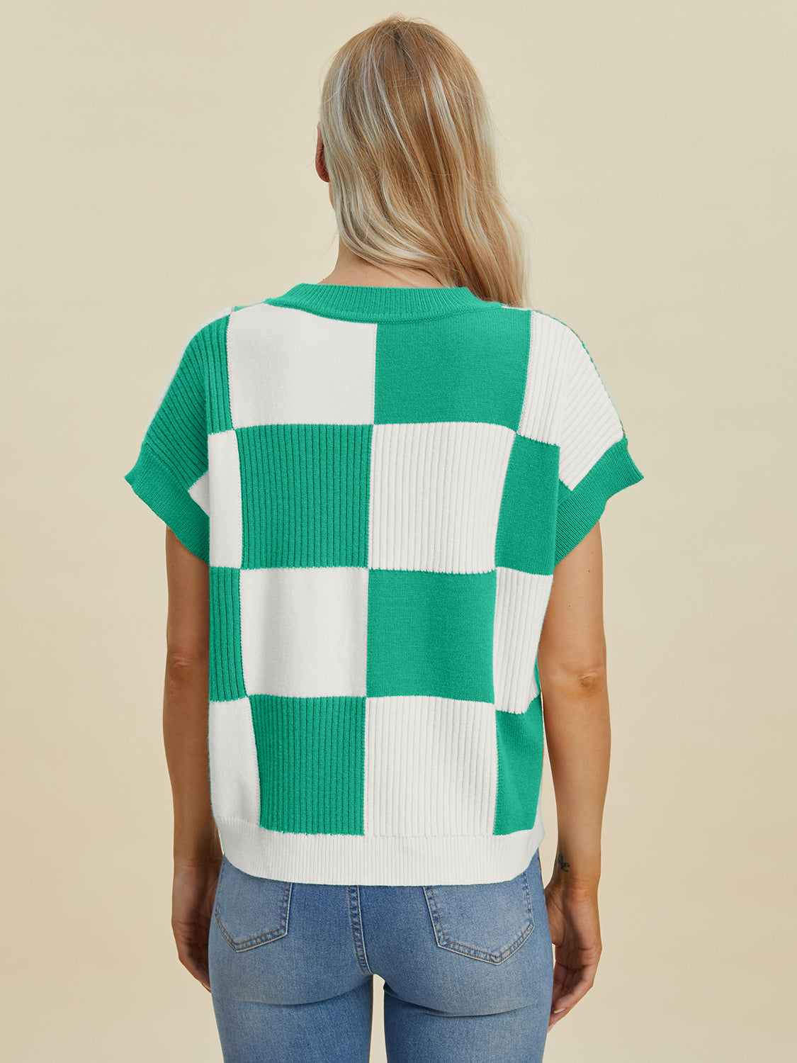 Double Take Full Size Checkered Round Neck Short Sleeve Sweater-Tops-Krush Kandy, Women's Online Fashion Boutique Located in Phoenix, Arizona (Scottsdale Area)