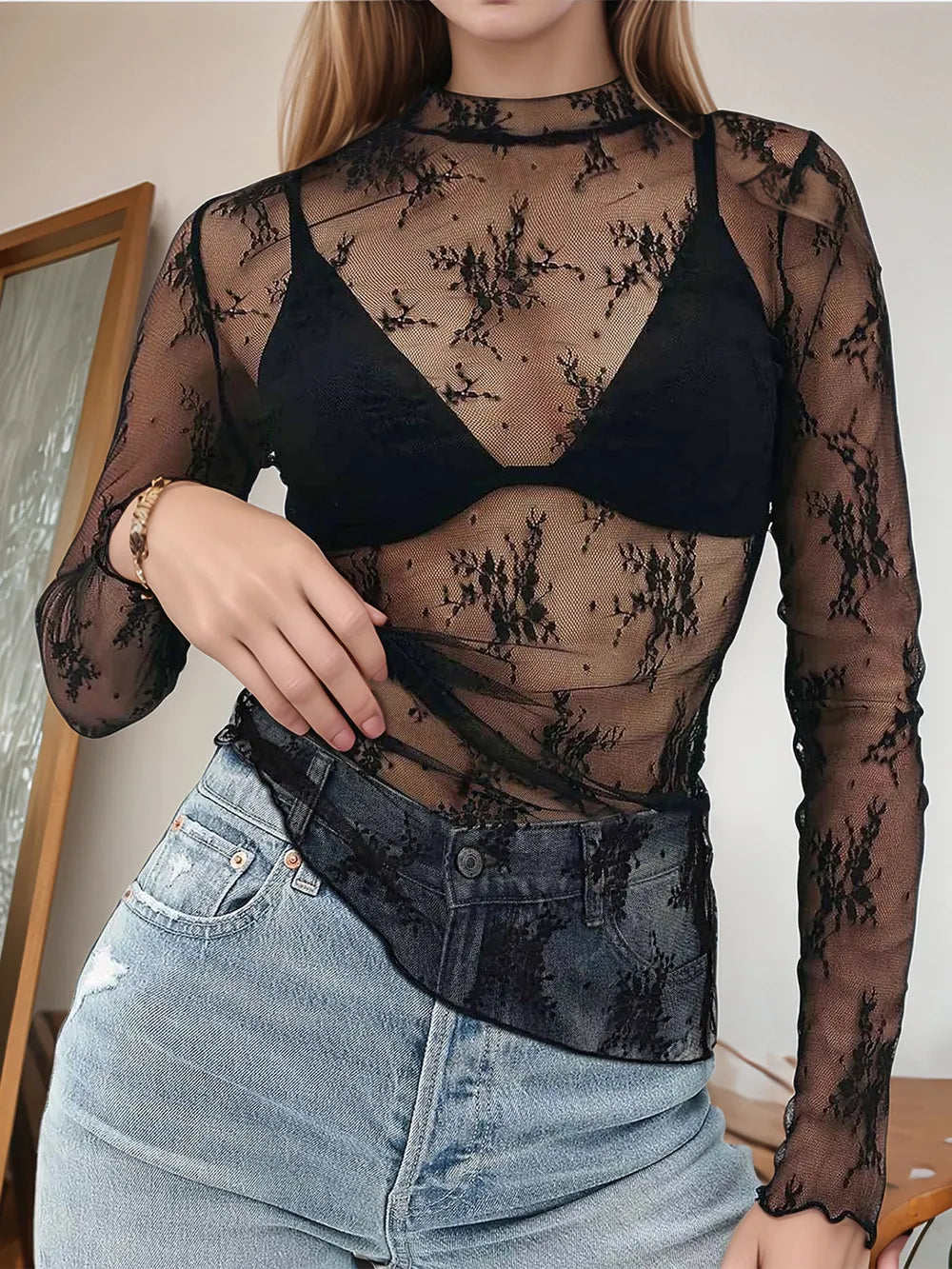 Floral Mock Neck Long Sleeve Mesh Top-Tops-Krush Kandy, Women's Online Fashion Boutique Located in Phoenix, Arizona (Scottsdale Area)