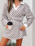 Checkered Print Polo Collar Cropped Long Sleeve Top and Drawstring Mini Skirt Set-2 Piece Outfit Sets-Krush Kandy, Women's Online Fashion Boutique Located in Phoenix, Arizona (Scottsdale Area)