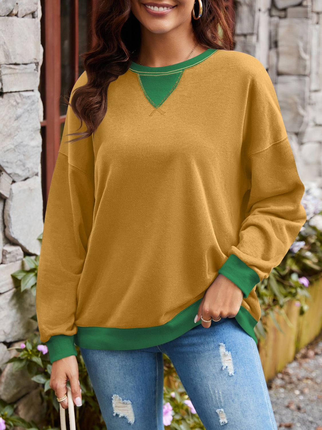 Lovelet Contrast Round Neck Long Sleeve Sweatshirt-Krush Kandy, Women's Online Fashion Boutique Located in Phoenix, Arizona (Scottsdale Area)