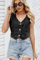 Button Down V-Neck Denim Vest-Krush Kandy, Women's Online Fashion Boutique Located in Phoenix, Arizona (Scottsdale Area)