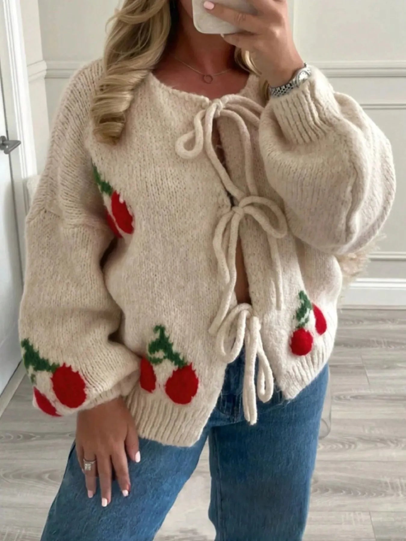 Cherry Pattern Tie-Front Oversized Cardigan-Cardigan-Krush Kandy, Women's Online Fashion Boutique Located in Phoenix, Arizona (Scottsdale Area)