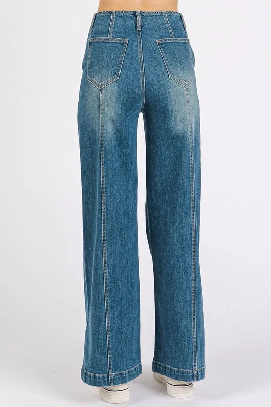 Mittoshop Medium Wash Seam Detail Wide Leg Denim Jeans-Jeans-Krush Kandy, Women's Online Fashion Boutique Located in Phoenix, Arizona (Scottsdale Area)