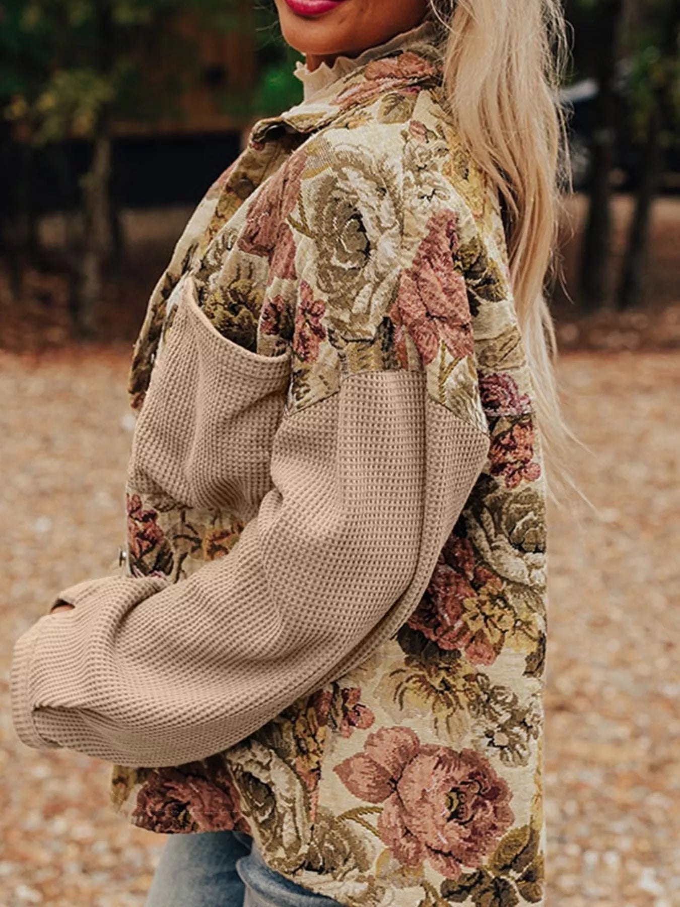 Floral Waffle Knit Patchwork Chest Pockets Buttoned Jacket-Jacket-Krush Kandy, Women's Online Fashion Boutique Located in Phoenix, Arizona (Scottsdale Area)