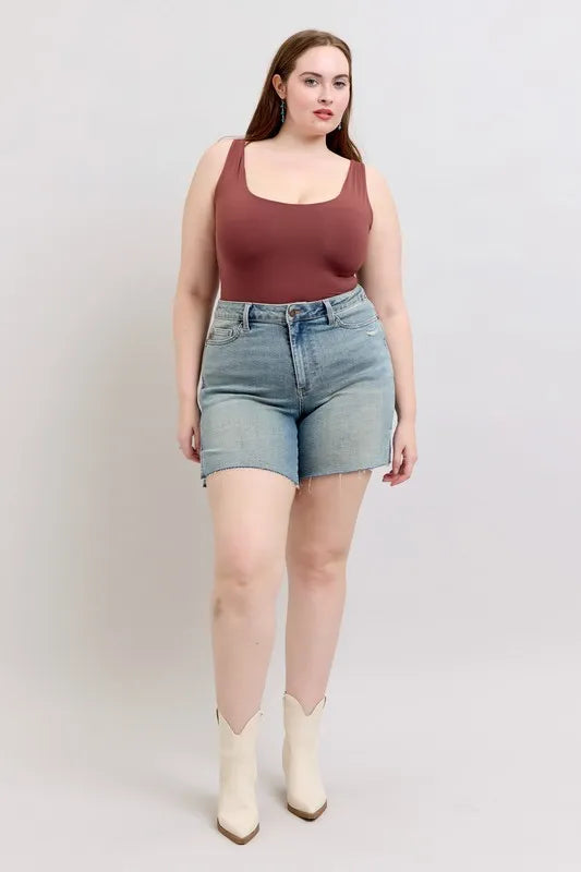 Judy Blue Full Size High Waist Vintage Wash Side Slit Denim Shorts Plus Size-Denim-Krush Kandy, Women's Online Fashion Boutique Located in Phoenix, Arizona (Scottsdale Area)