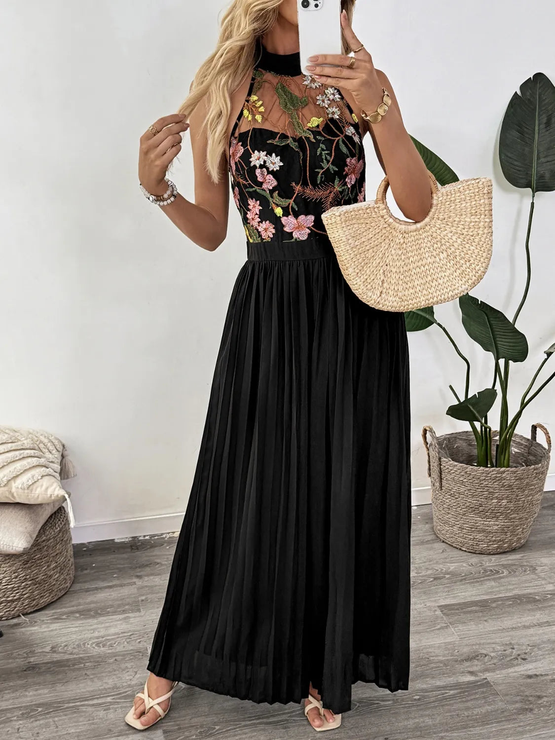 Floral Embroidered Halter Neck Pleated Jumpsuit-Jumpsuits & Rompers-Krush Kandy, Women's Online Fashion Boutique Located in Phoenix, Arizona (Scottsdale Area)