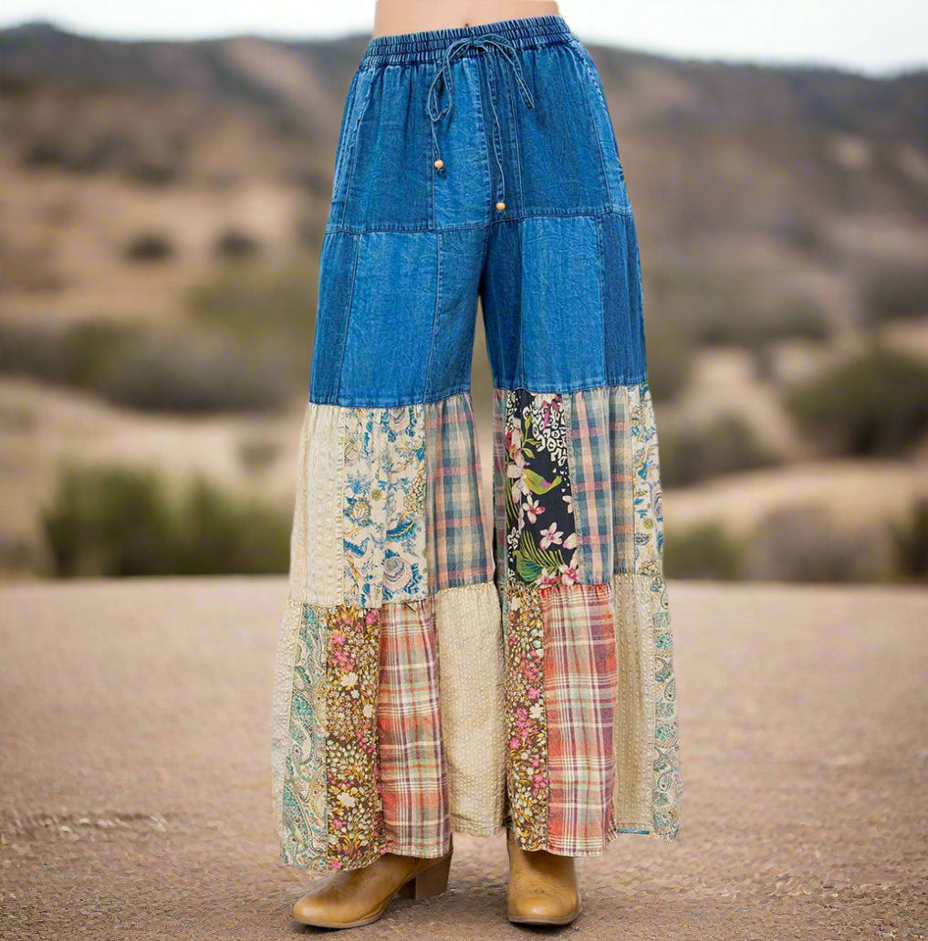 Boho Patchwork Wide-Leg Denim Pants-PANTS-Krush Kandy, Women's Online Fashion Boutique Located in Phoenix, Arizona (Scottsdale Area)