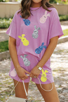 Ribbed Sequined Easter Bunny T-Shirt and Shorts Set-2 Piece Outfit Sets-Krush Kandy, Women's Online Fashion Boutique Located in Phoenix, Arizona (Scottsdale Area)