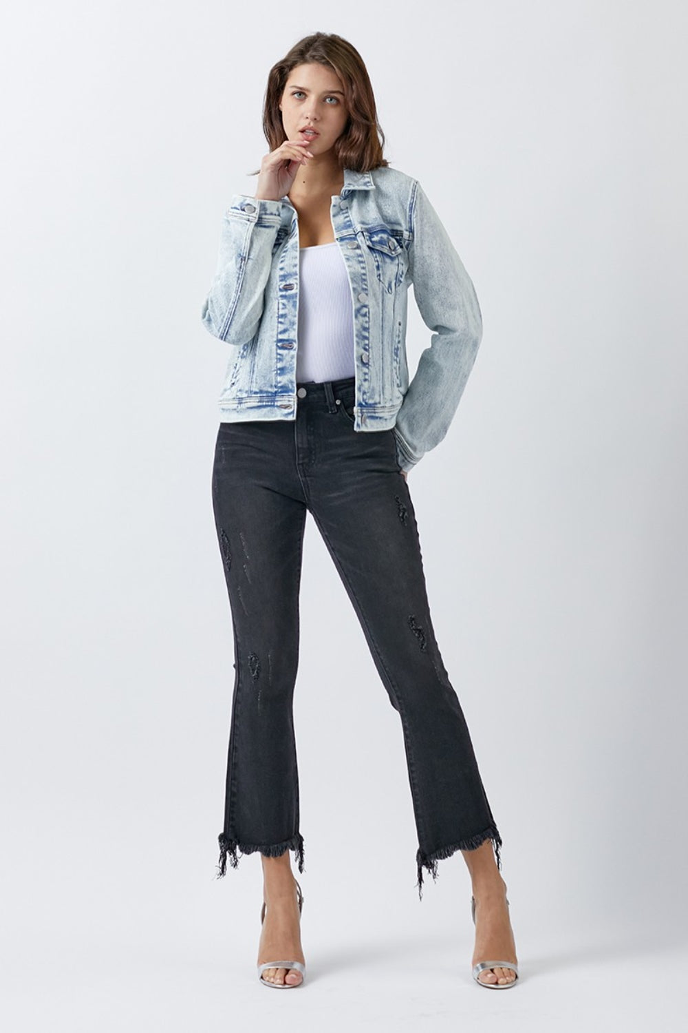 RISEN Button Up Washed Denim Jacket-Jackets-Krush Kandy, Women's Online Fashion Boutique Located in Phoenix, Arizona (Scottsdale Area)