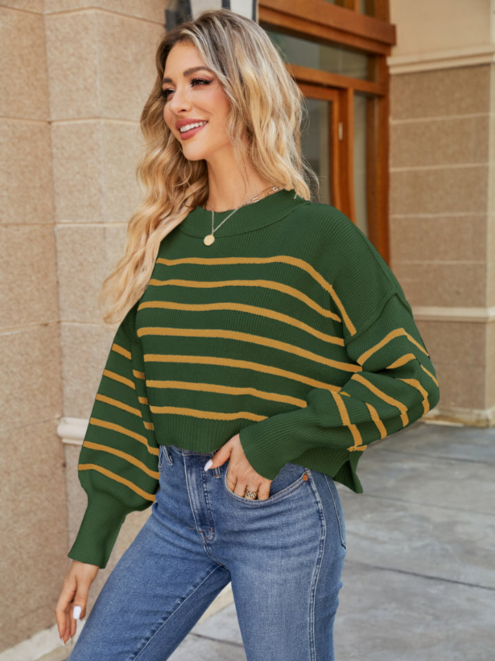 Round Neck Striped Lantern Sleeve Sweater-Krush Kandy, Women's Online Fashion Boutique Located in Phoenix, Arizona (Scottsdale Area)