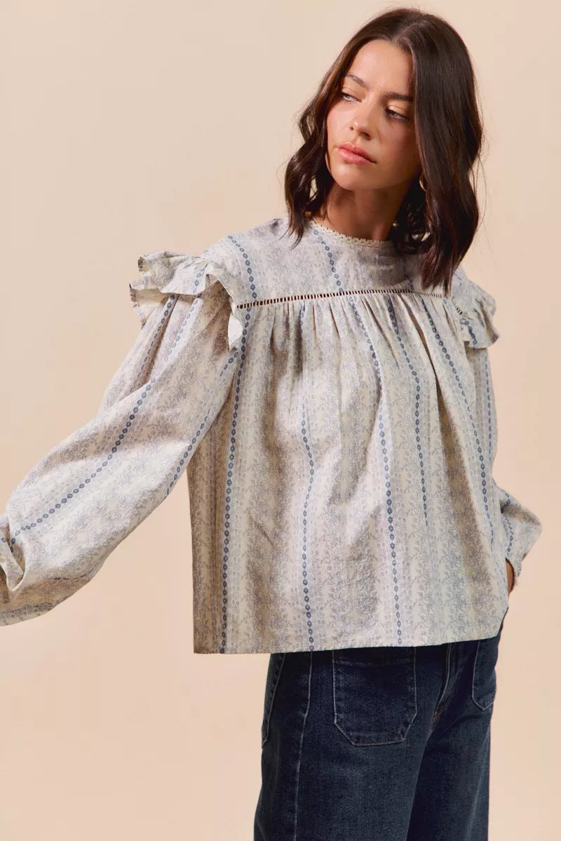 SO ME Floral Cotton Print Ruffled Long Sleeve Blouse-Tops-Krush Kandy, Women's Online Fashion Boutique Located in Phoenix, Arizona (Scottsdale Area)