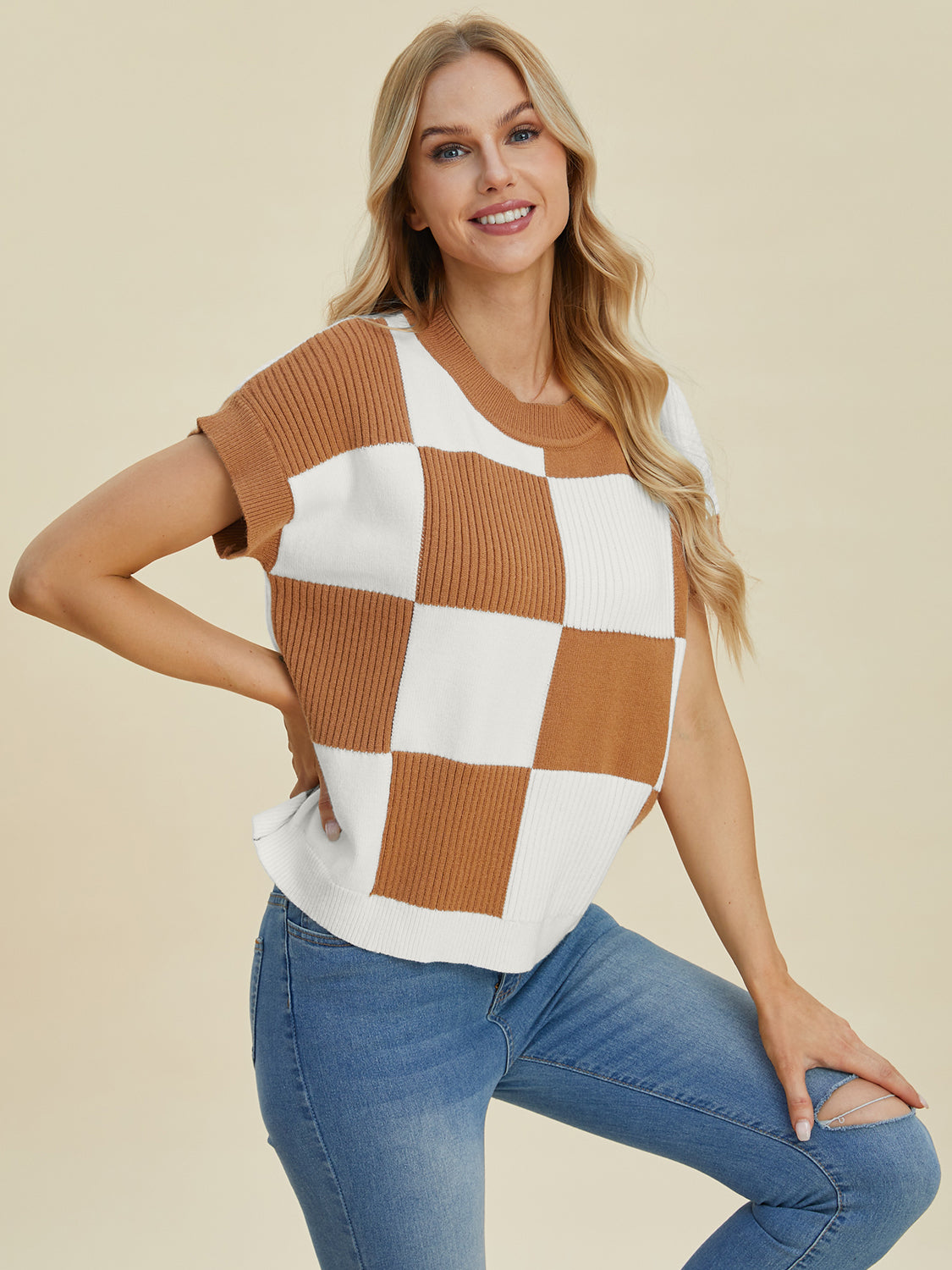 Double Take Full Size Checkered Round Neck Short Sleeve Sweater-Krush Kandy, Women's Online Fashion Boutique Located in Phoenix, Arizona (Scottsdale Area)