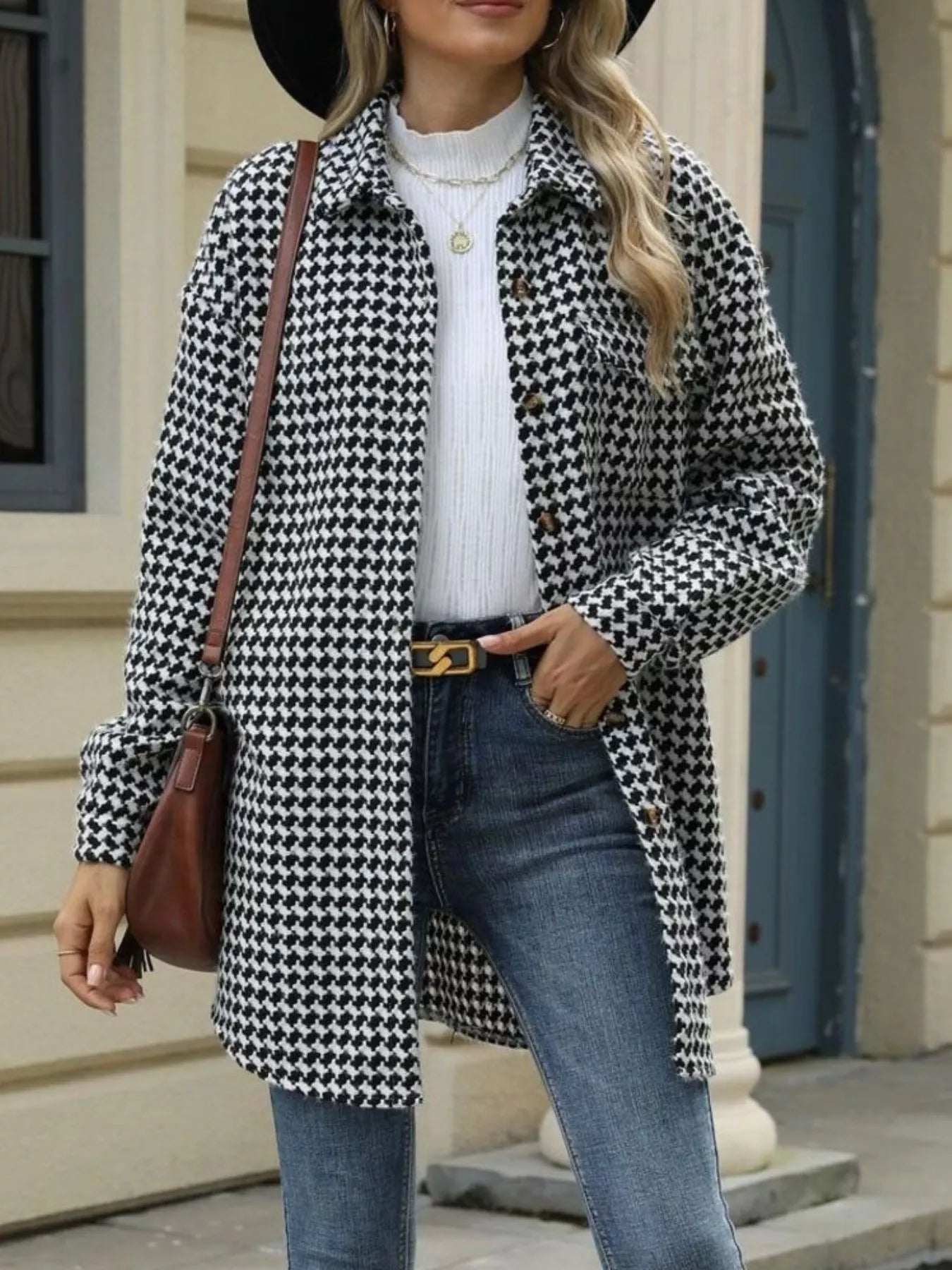 Houndstooth Button Up Long Sleeve Coat-Jacket-Krush Kandy, Women's Online Fashion Boutique Located in Phoenix, Arizona (Scottsdale Area)