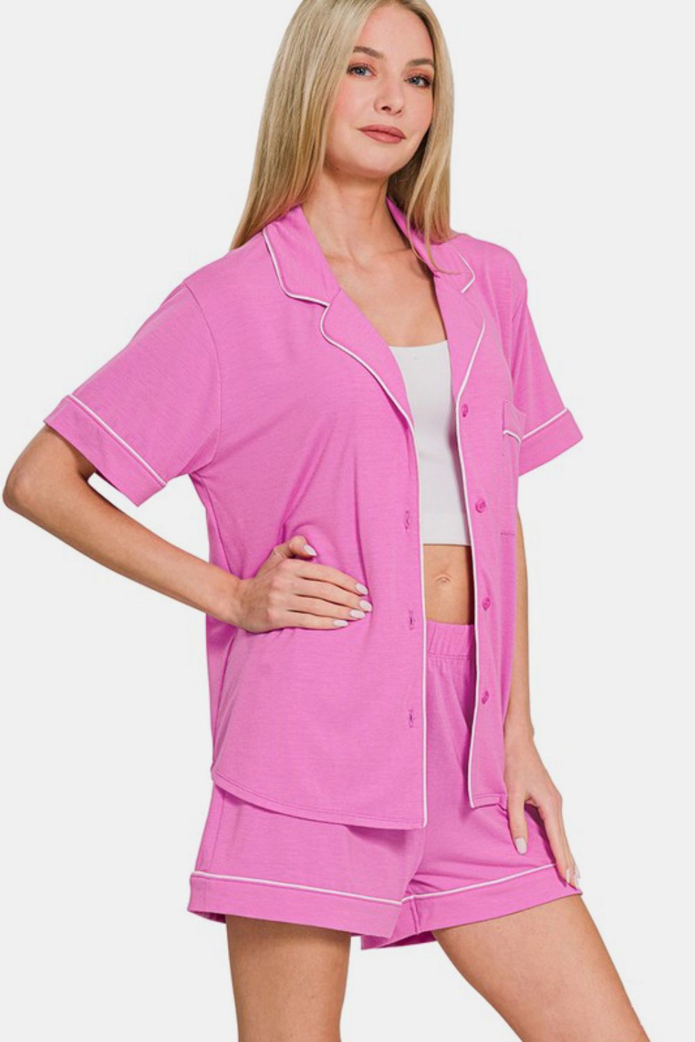 Zenana Button Down Short Sleeve Top and Shorts Lounge Set-Loungewear-Krush Kandy, Women's Online Fashion Boutique Located in Phoenix, Arizona (Scottsdale Area)