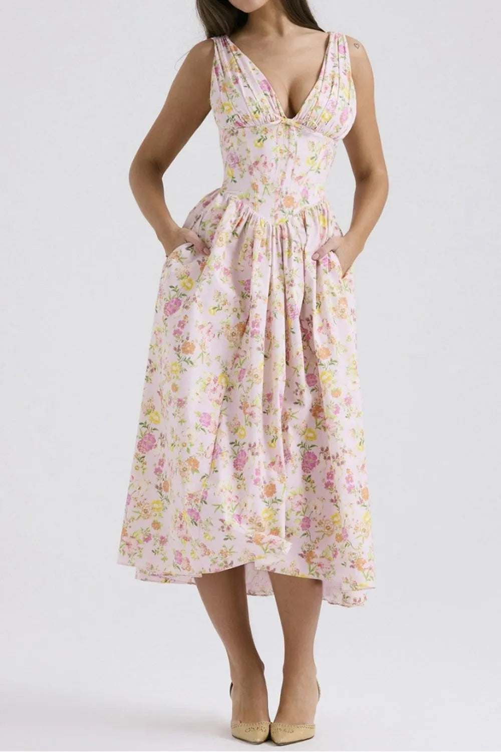 Floral V-Neck Sleeveless Midi Dress with Pockets-Dresses-Krush Kandy, Women's Online Fashion Boutique Located in Phoenix, Arizona (Scottsdale Area)
