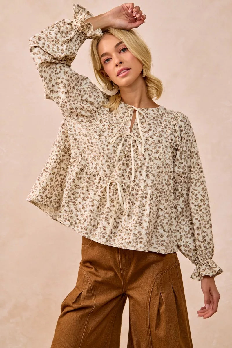 BiBi Floral Printed Peplum Blouse with Shirring and Tied-Tops-Krush Kandy, Women's Online Fashion Boutique Located in Phoenix, Arizona (Scottsdale Area)