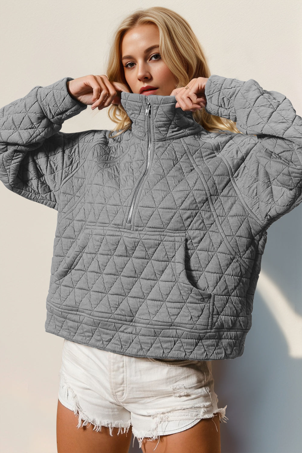 Half Zip Long Sleeve Quilted Sweatshirt with Pocket-Jackets-Krush Kandy, Women's Online Fashion Boutique Located in Phoenix, Arizona (Scottsdale Area)