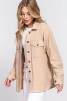 LONG SLEEVE NOTCHED COLLAR FRONT POCKET FLEECE JACKET-Krush Kandy, Women's Online Fashion Boutique Located in Phoenix, Arizona (Scottsdale Area)