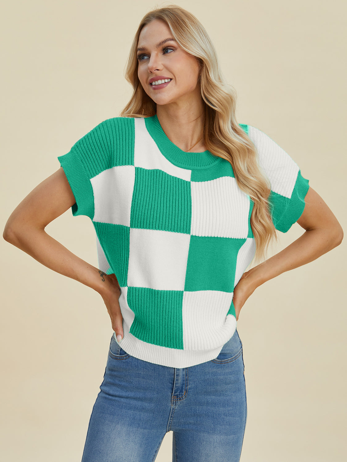 Double Take Full Size Checkered Round Neck Short Sleeve Sweater-Tops-Krush Kandy, Women's Online Fashion Boutique Located in Phoenix, Arizona (Scottsdale Area)