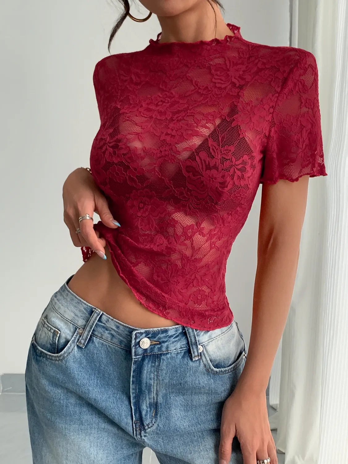 Lace Mock Neck Short Sleeve Top-tops-Krush Kandy, Women's Online Fashion Boutique Located in Phoenix, Arizona (Scottsdale Area)