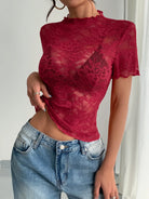Lace Mock Neck Short Sleeve Top-tops-Krush Kandy, Women's Online Fashion Boutique Located in Phoenix, Arizona (Scottsdale Area)