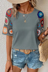 Retro Bloom Crochet Sleeve Tee-Tops-Krush Kandy, Women's Online Fashion Boutique Located in Phoenix, Arizona (Scottsdale Area)
