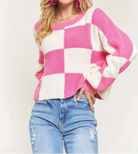 ADORA Plus Size Comfy Checkered Colorblock Sweater Top-Sweater-Krush Kandy, Women's Online Fashion Boutique Located in Phoenix, Arizona (Scottsdale Area)
