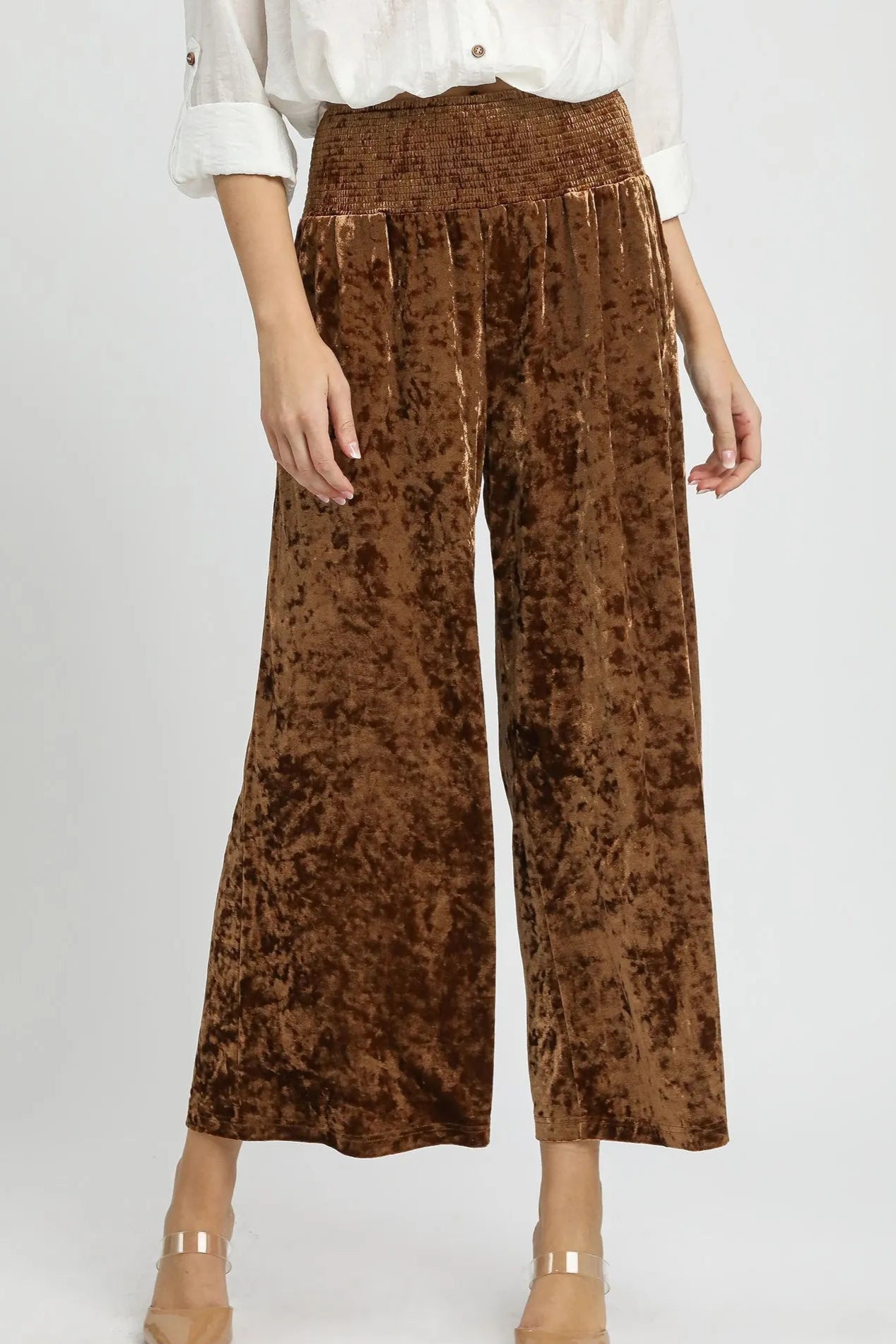 Umgee Velvet Smocked Waistband Wide Leg Pants-Pants-Krush Kandy, Women's Online Fashion Boutique Located in Phoenix, Arizona (Scottsdale Area)