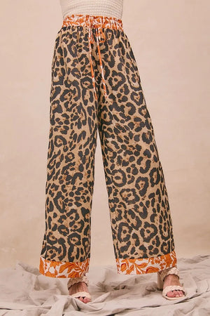 BiBi Leopard Print Wide Pants with Contrast Band