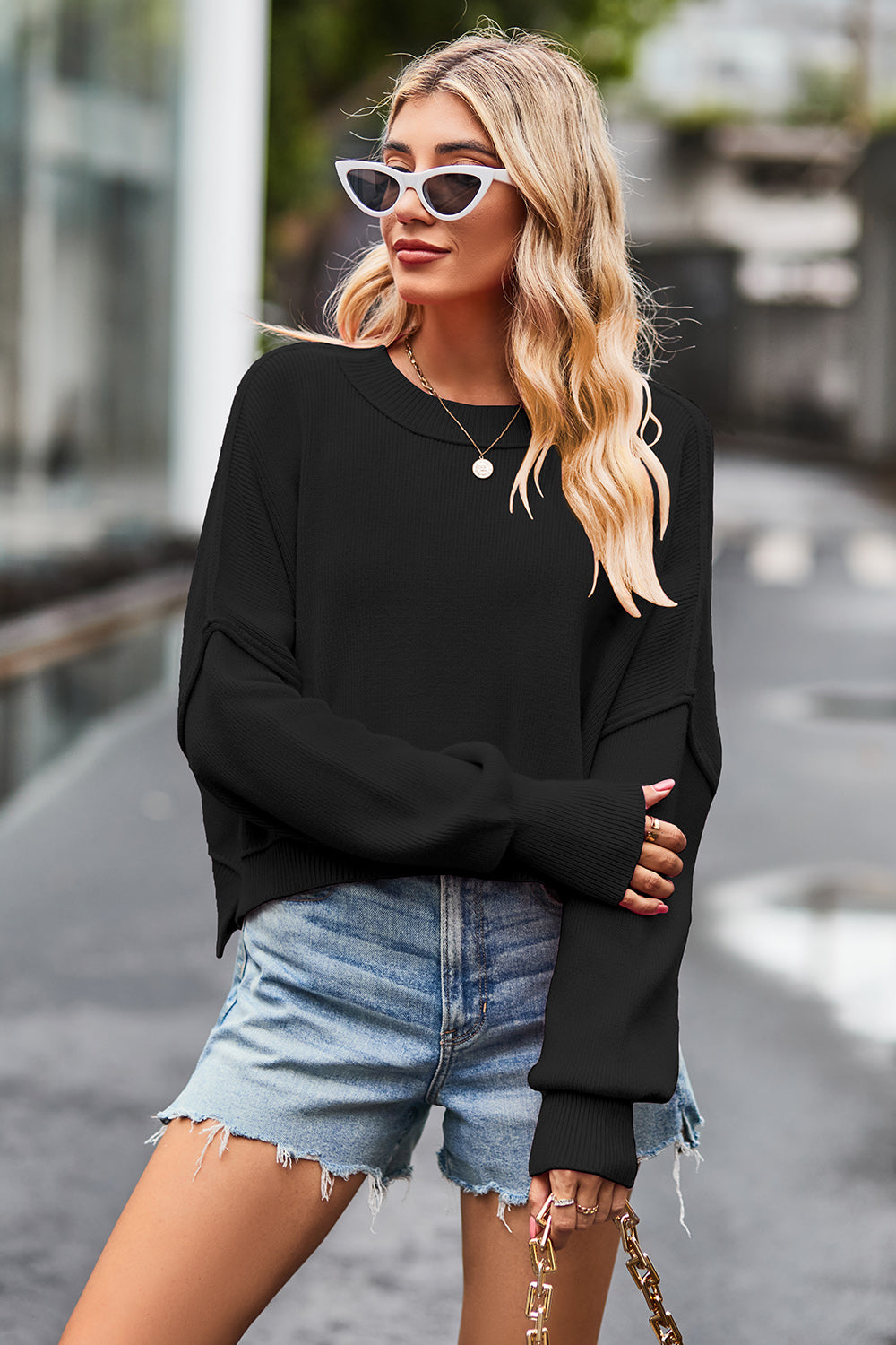 Round Neck Drop Shoulder Long Sleeve Sweater-Krush Kandy, Women's Online Fashion Boutique Located in Phoenix, Arizona (Scottsdale Area)