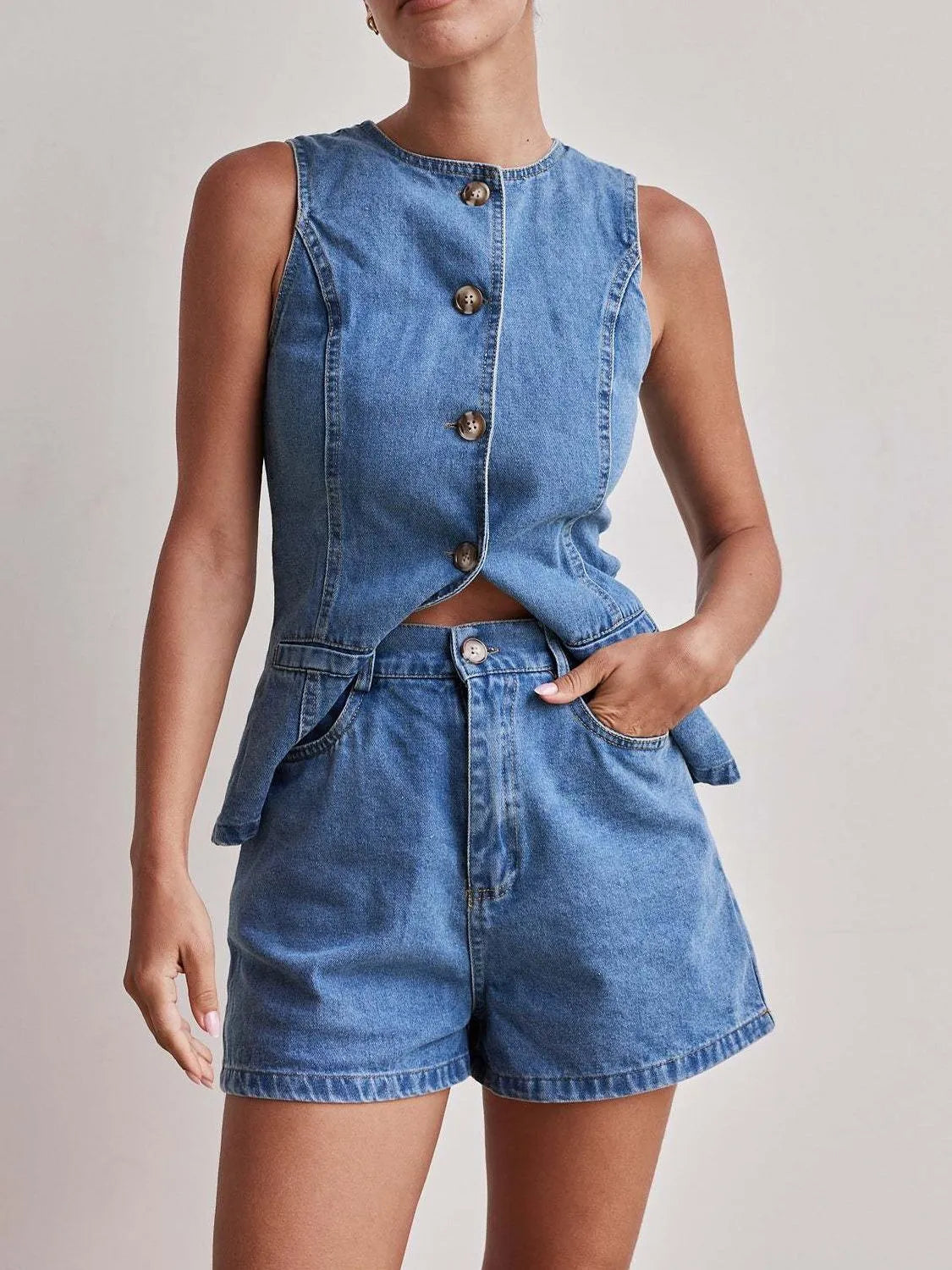 Button Down Vest and Shorts Denim Set-2 Piece Outfit Sets-Krush Kandy, Women's Online Fashion Boutique Located in Phoenix, Arizona (Scottsdale Area)
