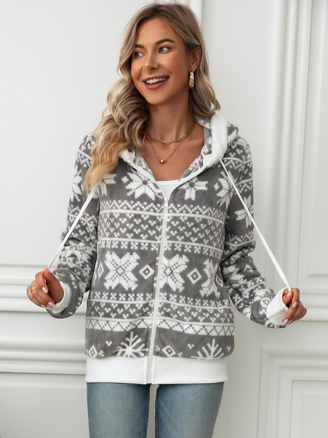 Drawstring Snowflake Zip Up Hooded Outerwear-Hoodies-Krush Kandy, Women's Online Fashion Boutique Located in Phoenix, Arizona (Scottsdale Area)