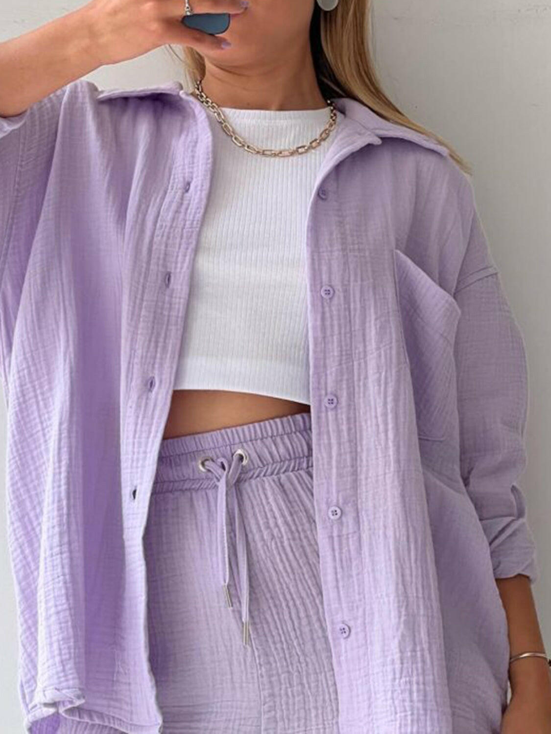 Kinsley Texture Button-Up Shirt and Drawstring Shorts Set-Krush Kandy, Women's Online Fashion Boutique Located in Phoenix, Arizona (Scottsdale Area)