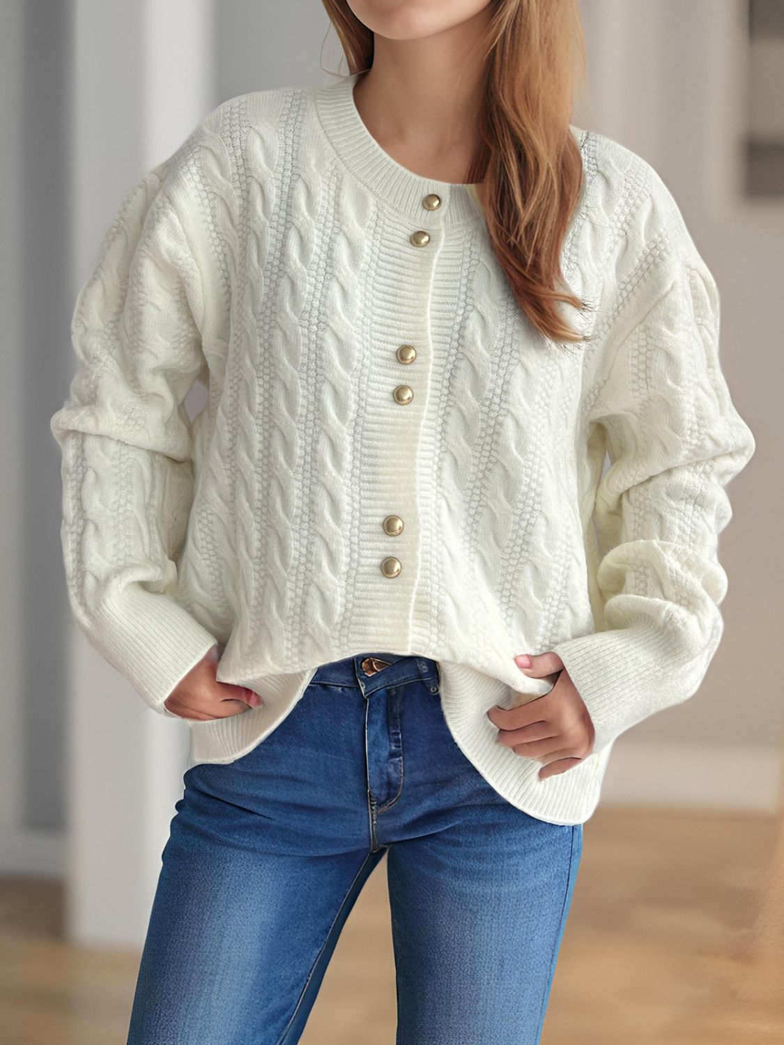 Cable-Knit Round Neck Long Sleeve Cardigan-Cardigans-Krush Kandy, Women's Online Fashion Boutique Located in Phoenix, Arizona (Scottsdale Area)