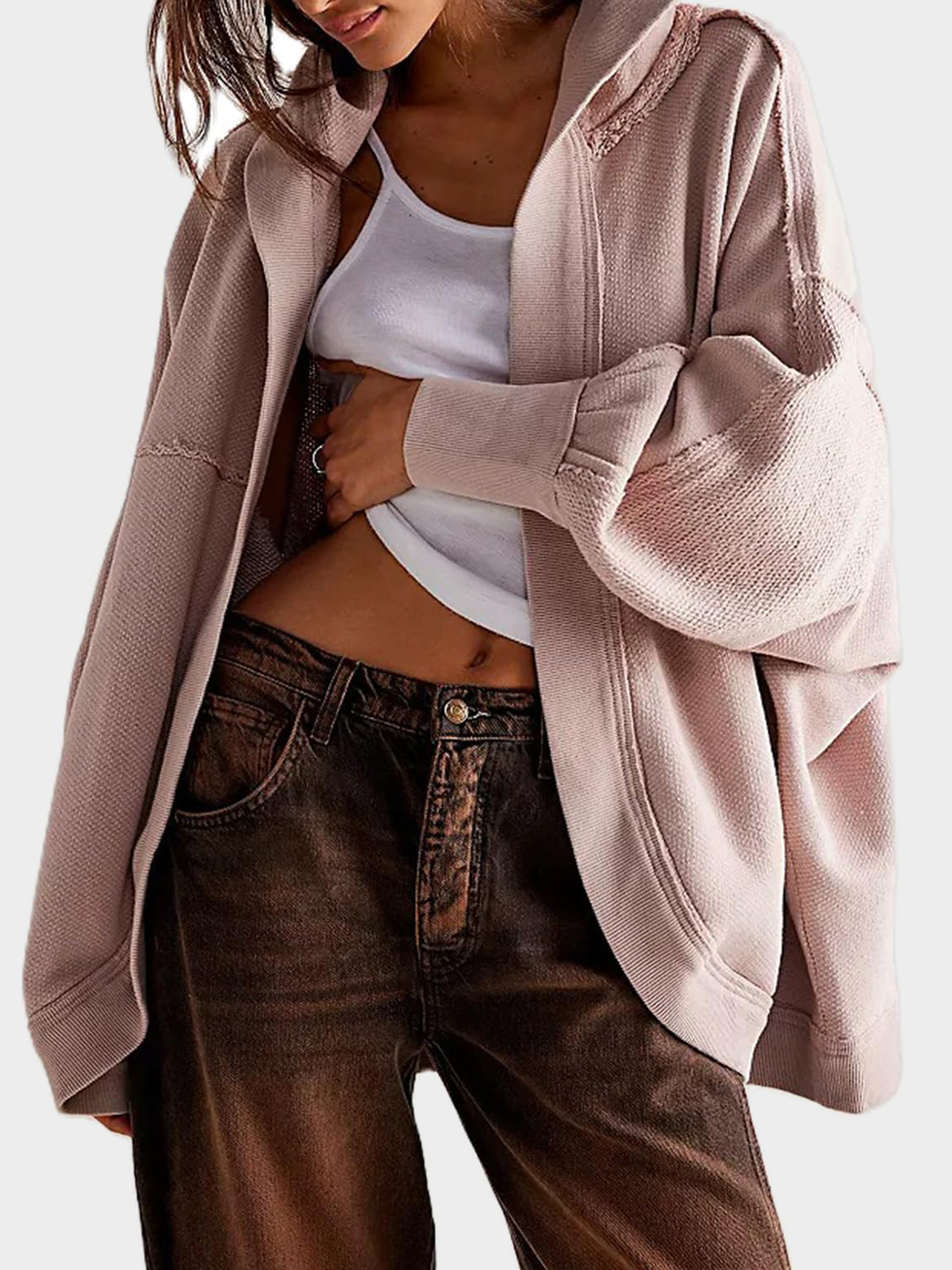 Exposed Seam Open Front Batwing Sleeve Hooded Cardigan-Krush Kandy, Women's Online Fashion Boutique Located in Phoenix, Arizona (Scottsdale Area)