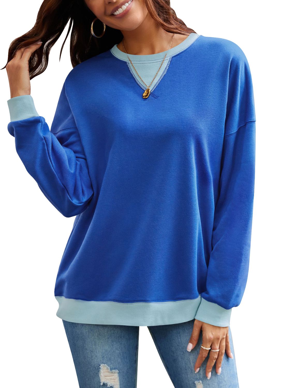 Lovelet Contrast Round Neck Long Sleeve Sweatshirt-Krush Kandy, Women's Online Fashion Boutique Located in Phoenix, Arizona (Scottsdale Area)