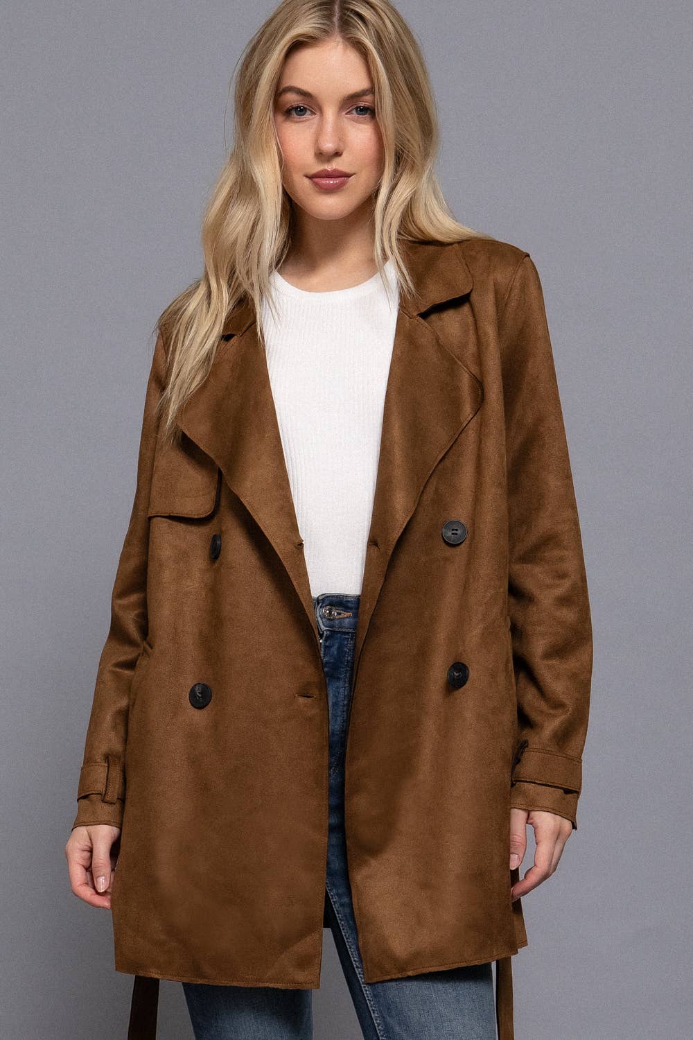 Long Sleeve Lapel Collar Self Belted Faux Suede Trench Coat-Coats-Krush Kandy, Women's Online Fashion Boutique Located in Phoenix, Arizona (Scottsdale Area)